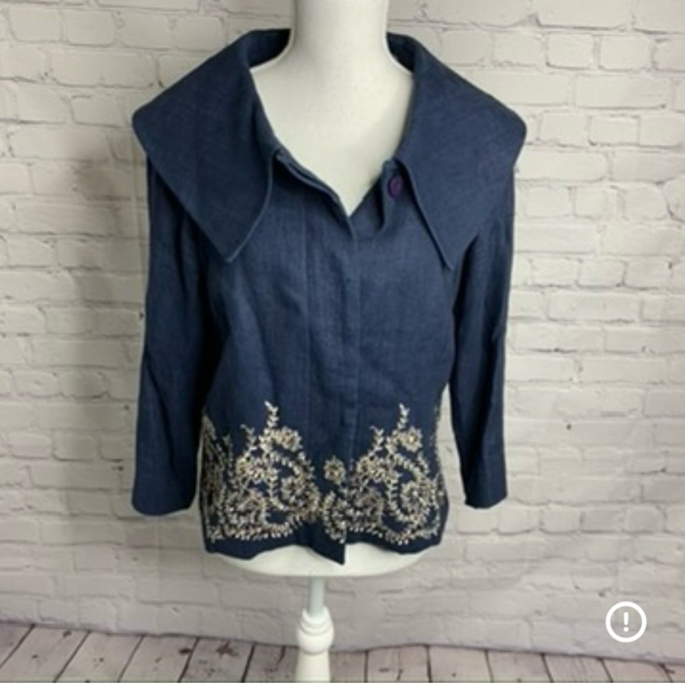 DANA BUCHMAN Chambray Linen Embroidered Blazer Medium